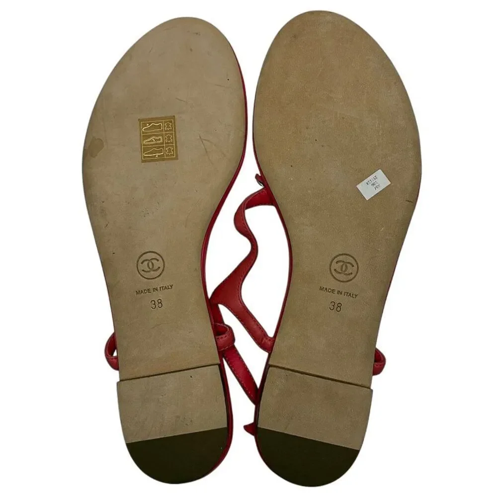 Chanel Interlocking C Pink Leather Thong Flat Sandals Gold Chain Detail EU 38